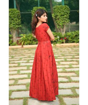 orange printed Rayon stitched dresses 4