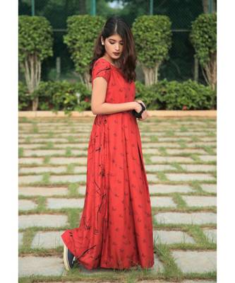 orange printed Rayon stitched dresses 5
