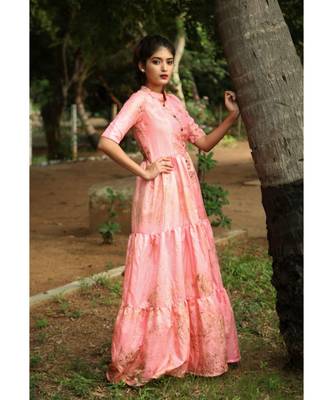 Pink printed art silk stitched dresses 1
