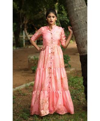 Pink printed art silk stitched dresses 2