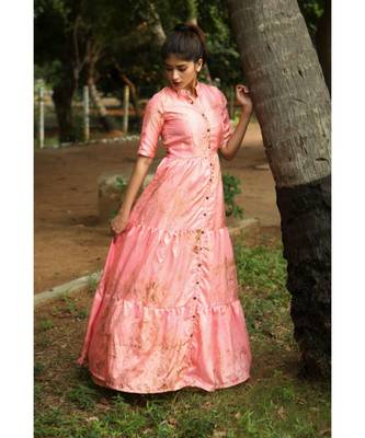 Pink printed art silk stitched dresses 3