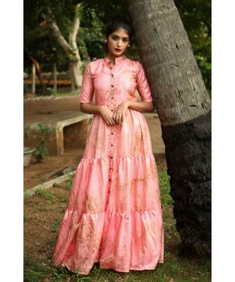 Pink printed art silk stitched dresses 4