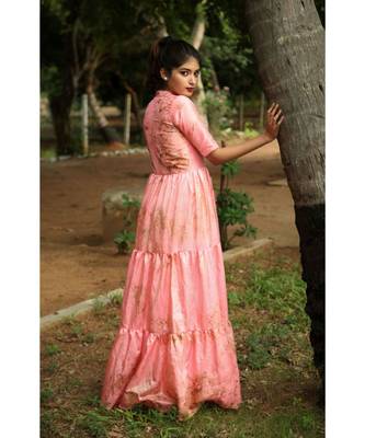 Pink printed art silk stitched dresses 5