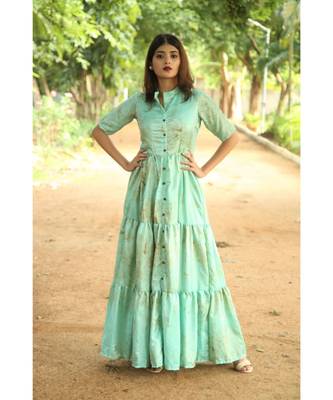 green printed art silk stitched dresses 1