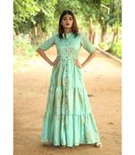 green printed art silk stitched dresses