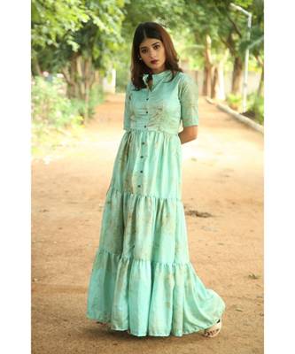 green printed art silk stitched dresses 2