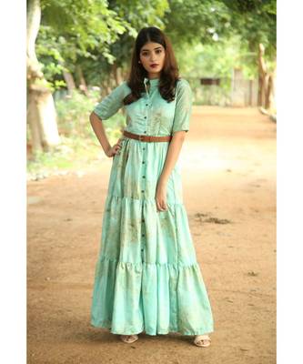 green printed art silk stitched dresses 4