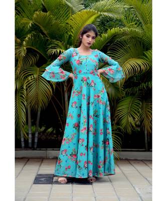 Blue printed Chanderi stitched dresses 1