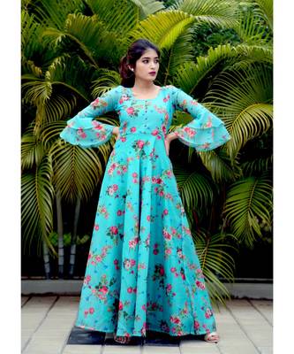 Blue printed Chanderi stitched dresses 2