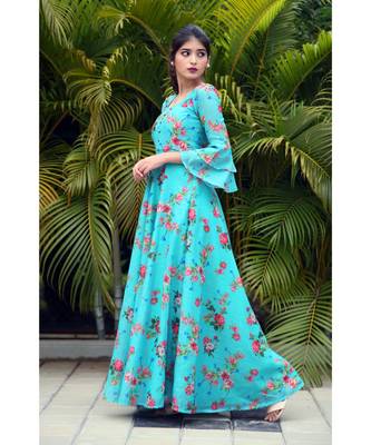 Blue printed Chanderi stitched dresses 3