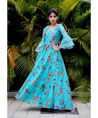 Blue printed Chanderi stitched dresses 5