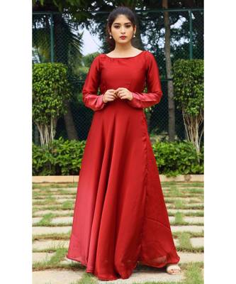 Maroon printed satin stitched dresses 1