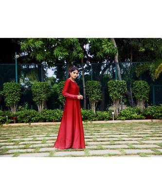 Maroon printed satin stitched dresses 4