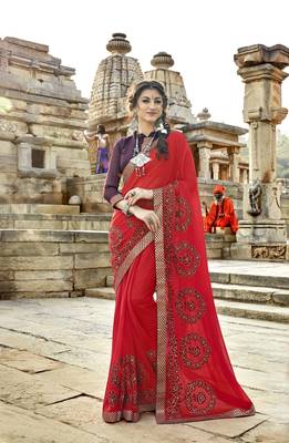 Red embroidered georgette saree with blouse 1