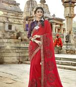 Red embroidered georgette saree with blouse