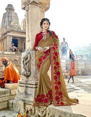Beige embroidered georgette saree with blouse 1