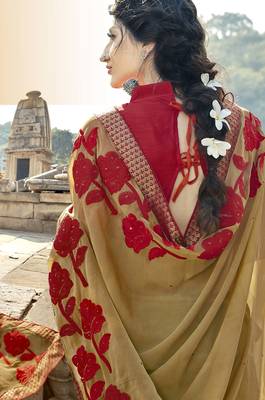 Beige embroidered georgette saree with blouse 2