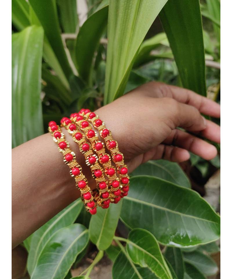 Traditional Ethnic Gold Plated Red Coral Design Bangle Set For Women & Girls
