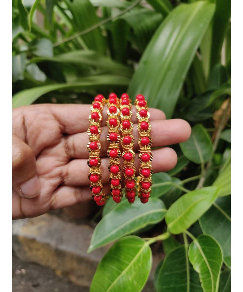 Traditional Ethnic Gold Plated Red Coral Design Bangle Set For Women & Girls