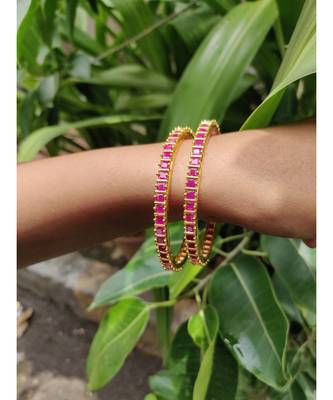 Gold Plated Pink Stone Studded Bangles Set Of 2 1
