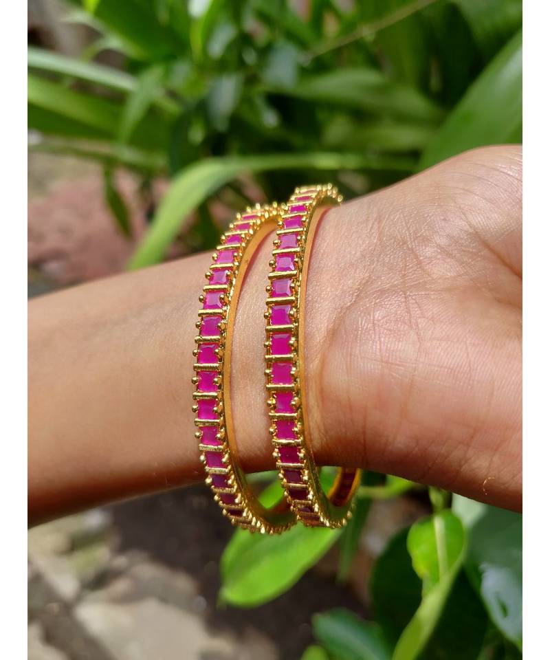 Gold Plated Pink Stone Studded Bangles Set Of 2