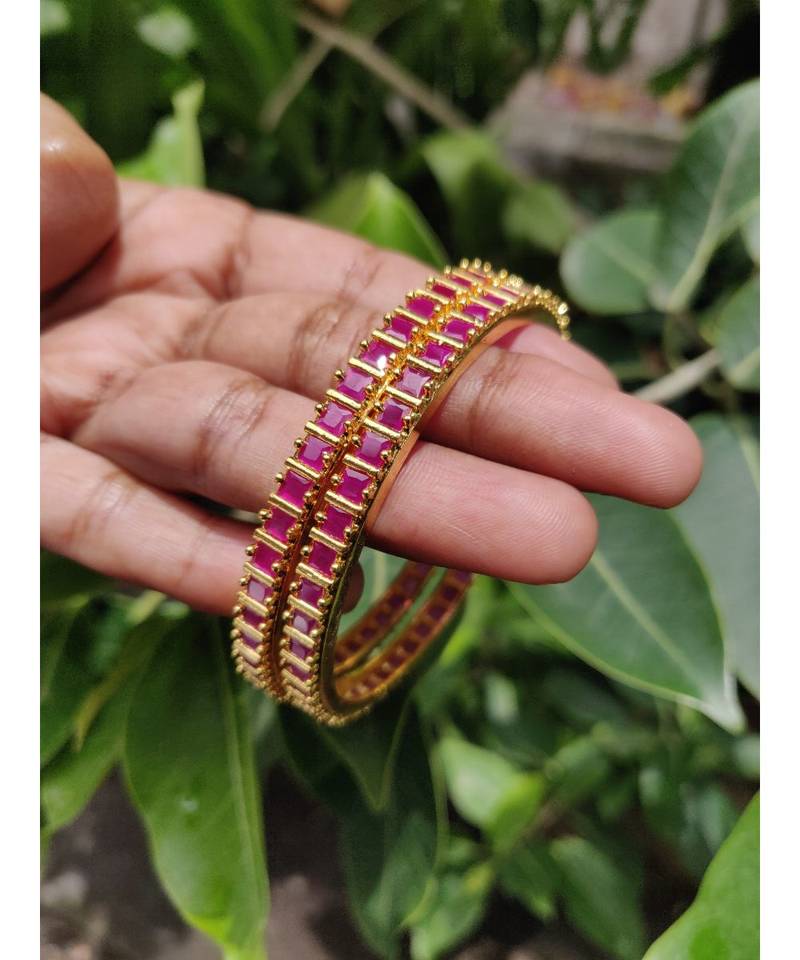 Gold Plated Pink Stone Studded Bangles Set Of 2