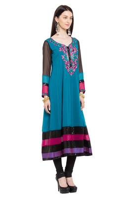 Blue Embroidered Georgette Party Wear Kurti 3