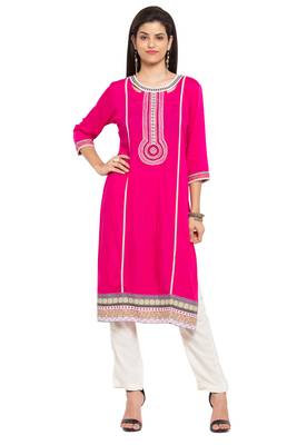 Pink Embroidered Cotton Party Wear Kurti 1