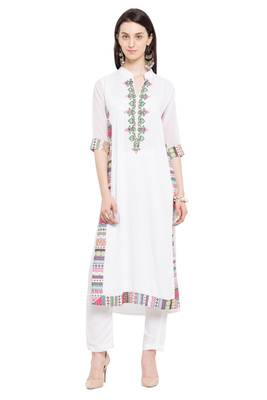 White Embroidered Cotton Party Wear Kurti 1