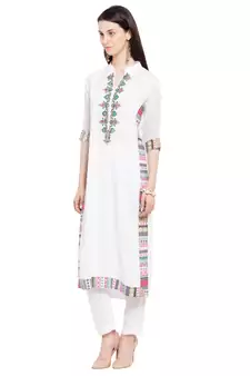 White Embroidered Cotton Party Wear Kurti