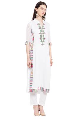 White Embroidered Cotton Party Wear Kurti 3