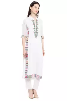 White Embroidered Cotton Party Wear Kurti