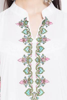 White Embroidered Cotton Party Wear Kurti 5