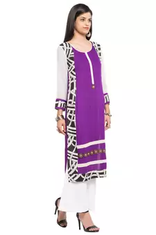 Purple Printed Cotton Party Wear Kurti