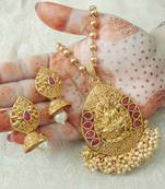 Lalso Beautiful Ruby 22" Brass Chain Pearl Beaded Bandhani Laxmi Pendant Earring Set - LBLPS04_RB