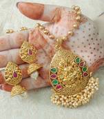 Lalso Beautiful Ruby Green 22" Brass Chain Pearl Beaded Bandhani Laxmi Pendant Earring Set - LBLPS04_RG