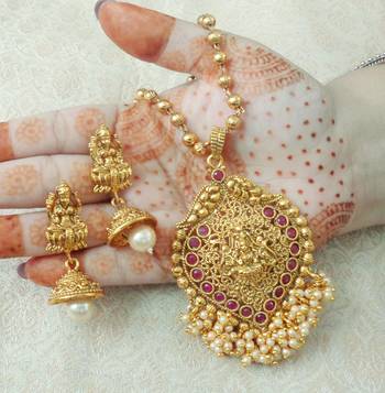 Lalso Beautiful Ruby 22" Brass Chain Pearl Beaded Bandhani Laxmi Pendant Earring Set - LBLPS05_RB 1