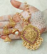 Lalso Beautiful Ruby 22" Brass Chain Pearl Beaded Bandhani Laxmi Pendant Earring Set - LBLPS05_RB