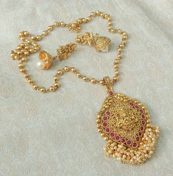 Lalso Beautiful Ruby 22" Brass Chain Pearl Beaded Bandhani Laxmi Pendant Earring Set - LBLPS05_RB 2