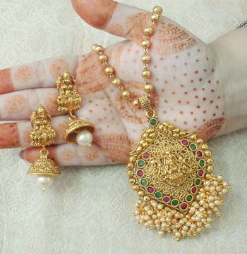 Lalso Beautiful Ruby Green 22" Brass Chain Pearl Beaded Bandhani Laxmi Pendant Earring Set - LBLPS05_RG 1