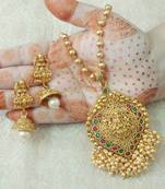 Lalso Beautiful Ruby Green 22" Brass Chain Pearl Beaded Bandhani Laxmi Pendant Earring Set - LBLPS05_RG