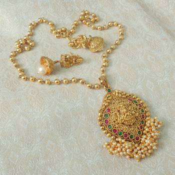 Lalso Beautiful Ruby Green 22" Brass Chain Pearl Beaded Bandhani Laxmi Pendant Earring Set - LBLPS05_RG 2