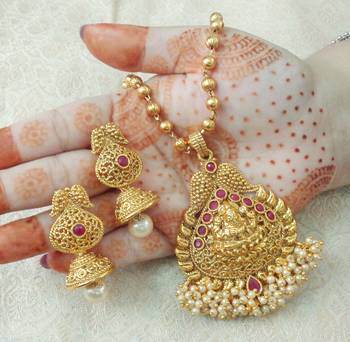 Lalso Beautiful Ruby 22" Brass Chain Pearl Beaded Bandhani Laxmi Pendant Earring Set - LBLPS06_RB 1