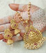 Lalso Beautiful Ruby 22" Brass Chain Pearl Beaded Bandhani Laxmi Pendant Earring Set - LBLPS06_RB