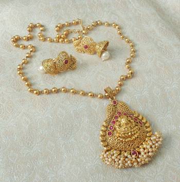 Lalso Beautiful Ruby 22" Brass Chain Pearl Beaded Bandhani Laxmi Pendant Earring Set - LBLPS06_RB 2