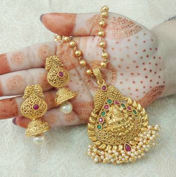 Lalso Beautiful Ruby Green 22" Brass Chain Pearl Beaded Bandhani Laxmi Pendant Earring Set - LBLPS06_RG 1