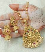 Lalso Beautiful Ruby Green 22" Brass Chain Pearl Beaded Bandhani Laxmi Pendant Earring Set - LBLPS06_RG