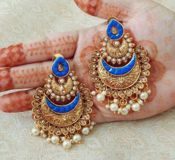 Lalso Designer Blue Kundan Pearl Drops Earrings - LKE07_BL 1