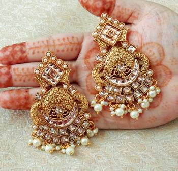 Lalso Designer Golden Kundan Pearl Drops Earrings - LKE09_LCT 1