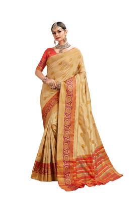 Beige woven cotton silk saree with blouse 1